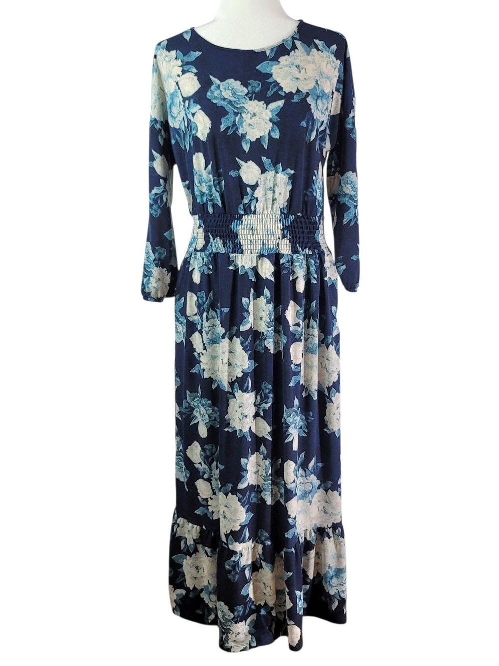 LuLaRoe EVELYN Blue Floral Tiered Hem Smocked Waist LongSleeve Maxi Dress Size S